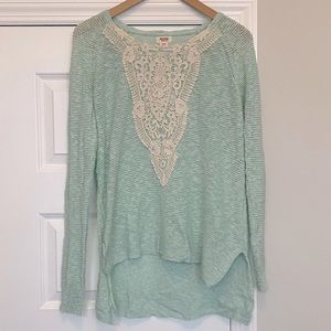 Mossimo blue/green sweater with cream lace detail, size M